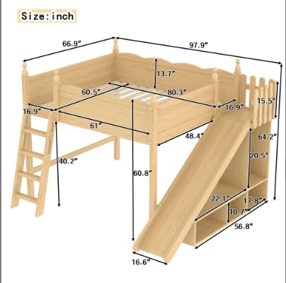 Image of Queen Size Loft Bed with Storage Shelves, Cabinet & Detachable Slide and Ladders, Solid Wood Kids Loft Bed for Space-Saving, Playful & Organized Bedroom (Natural1, Queen)