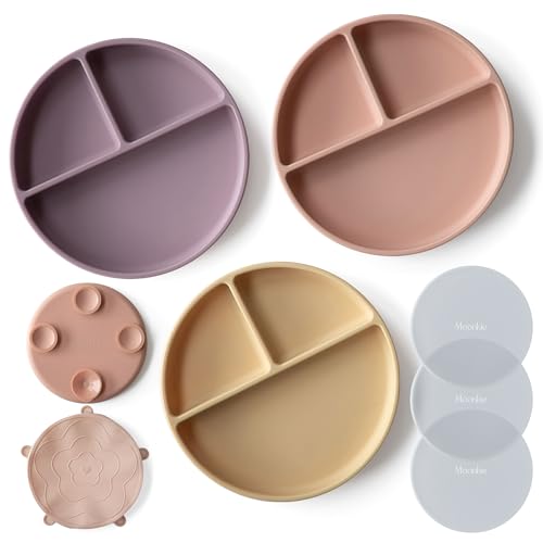 Image of Moonkie Suction Plates for Baby | 100% Silicone BPA-Free Baby Plates with Lids and Food Cover | Divided Design | Microwave and Dishwasher Safe | Toddler Plates 3 Pack