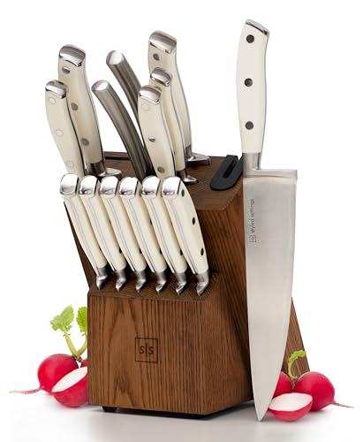 White Knife Set with Block – 14-Piece Forged Stainless Steel Knives with Triple Rivet Handles, Heavy-Duty Kitchen Shears, and Self-Sharpening Knife Block – Durable White Kitchen Accessories