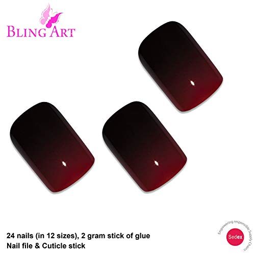 Falsche Nägel Bling Art Rot Schwarz Französisch Squoval 24 Gefälschte Mittel Acryl Tipps – Bild 4
