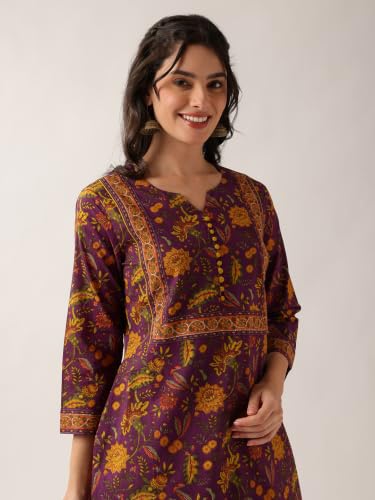 Image of Vbuyz Women Floral Print with Yoke Details Straight Cotton Stitched Kurta