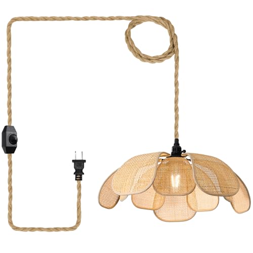Image of Haolaike Boho 20 Inch Plug in Chandeliers Rattan Hanging Lights Flower Pendant Light with On/Off Switch 15ft Hemp Rope Cord Handwoven Lampshade Bedroom Flower Hanging Lamp Fixture