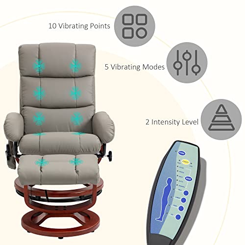 Homcom Recliner Chair With Ottoman, Electric Faux Leather Recliner With 10 Vibration Points And 5 Massage Mode, Reclining Chair With Swivel Wood Base, Remote Control And Side Pocket, Grey #TOP3