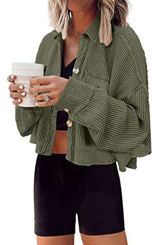 Image of Panadila Women's Cropped Waffle Knit Shacket Short Button Down Jacket Batwing Sleeve Shirts with Pocket