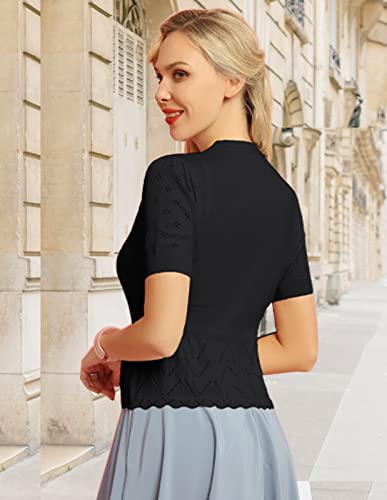 Summer Casual Short Sleeve V Neck Button Down Bolero Shrug Sweaters Lightweight Ruffle Knit Cropped Cardigans Black Xl #TOP7