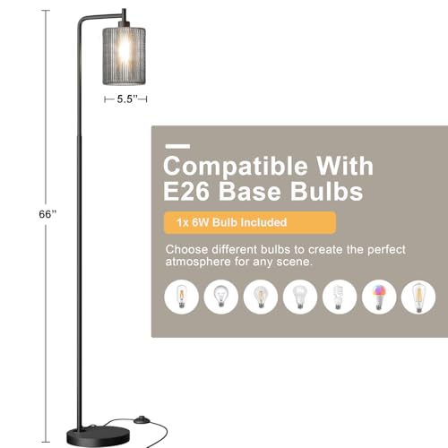 Image of Oneach 66 inch Black Floor Lamp for Living Room, Boho Floor Lamp with LED Bulb, Foot Switch, Gray Rattan Shade, Industrial Tall Farmhouse Standing Lamp for Bedroom, Dining Room, Study Room, Office