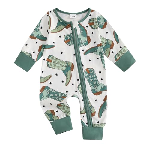 Image of Gueuusu Country Baby Clothes Boy Girl Western Highland Cow Print Long Sleeve Romper Zipper One Piece Jumpsuit Fall Outfit (Clover, Newborn)