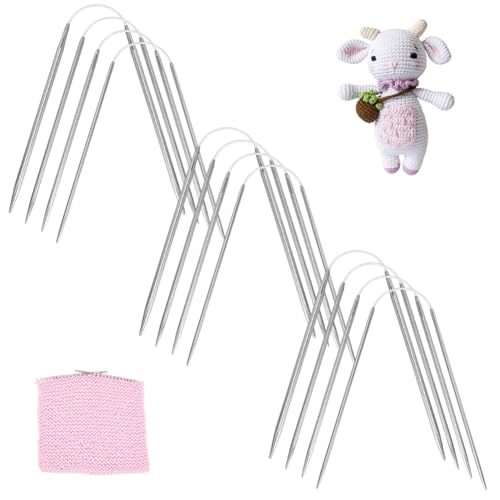 PH PandaHall 12pcs Circular Knitting Needles Set, 4 Sizes Stainless Steel Circular Knitting Needles 9 Inch Length Short Needles for Handmade Socks Hats, Crocheting Animals