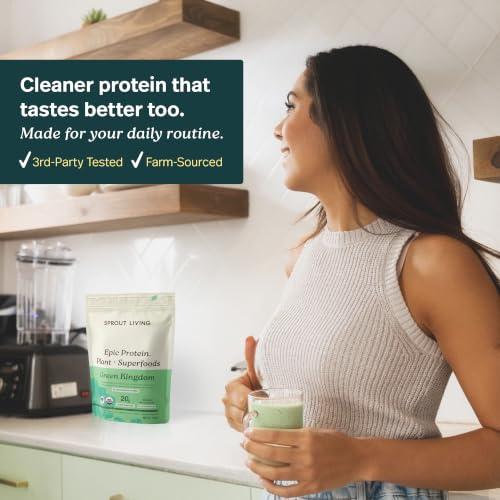 Image of Sprout Living Epic Protein, Plant Based Protein & Superfoods Powder, Green Kingdom | 20 Grams Organic Protein Powder, Greens, Vegan, Non Dairy, Non-GMO, Gluten Free, Low Sugar (1 Pound, 12 Servings)