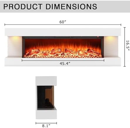 3-Sided Wall Mount Electric Fireplace, 60" Fireplace with LED Side Lights, 12 Color Flame Effect, Timer, 1500/750 Watt Heater, White - Thumbnail 4