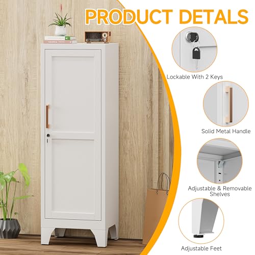 Image of 46 inchH White Metal Locker with 1 Lockable Door and 2 Adjustable Shelves For Employees,3 Tier Small Storage Cabinet with Detachable Legs and Vintage Handle for Kitchen, Office,School,Gym,Easy Assembly