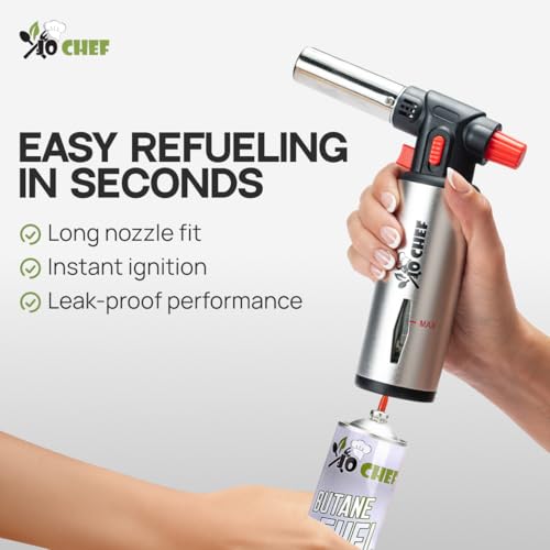 Jo Chef Kitchen Torch with Butane Included – Refillable butane torch Lighter with Safety Lock & Adjustable Flame, Culinary Blow Torch for Cooking, Creme Brulee and Soldering 2 Cans (3.38oz) Included