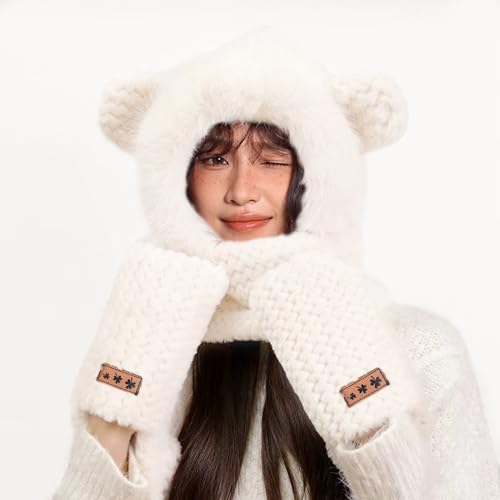 Hooded Scarf for Women Winter, Cute Bear Ear Hat Scarf 3 in 1 Faux Fur Gloves Set Soft Thick Warm Hat3