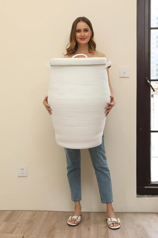 Image of Large Basket Natural Cotton Rope Storage Basket and Hamper for Cloths and Multi Usage in Living Room, Bedroom, Laundry Room (Size - 15 inch x 15 inch x 18 inch) (White With Lid)
