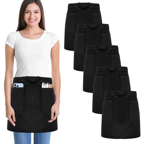 Tablier noir imperméable de cuisine lot de 5 pour serveurs et serveuses avec 2 poches