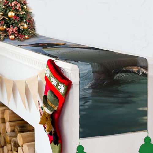 Chemin de table rustique 35,6 x 152,4 cm avec pompons et imprimé pingouin de mer