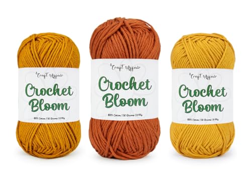 Image of Craft Affair | Crochet Bloom Cotton Yarn 8ply (Each Color 2mm, 77Meter, 50Gram) 100% Pure Cotton | for Knitting Yarn | Craft & DIY Project: Sand, Rust, Mustard