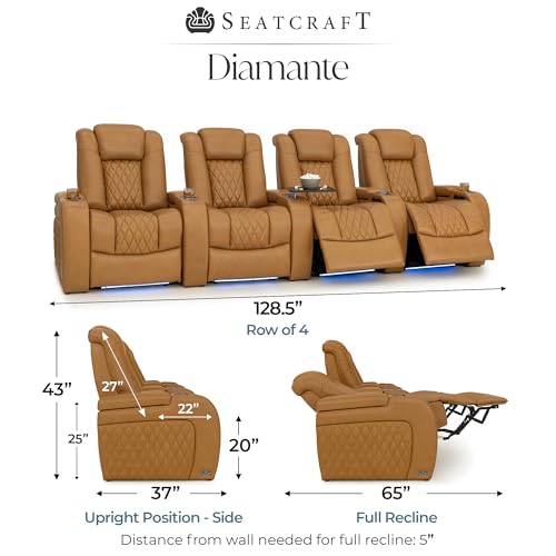 Image of Seatcraft Diamante Tan Oak Italian Leather Home Theater Seating, Zero Gravity Power Recliner Gaming and Home Office Chair, Powered Headrest Lounge Sofa Furniture for Cinema Room, Row of 4
