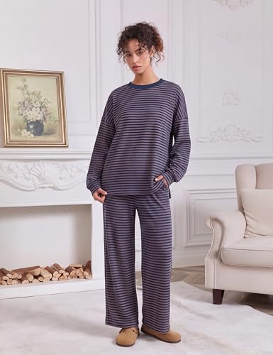 Image of MISSACTIVER Women's 2 Piece Striped Lounge Set Long Sleeve Oversized T-Shirt Wide Leg Pants Matching Pajamas Set