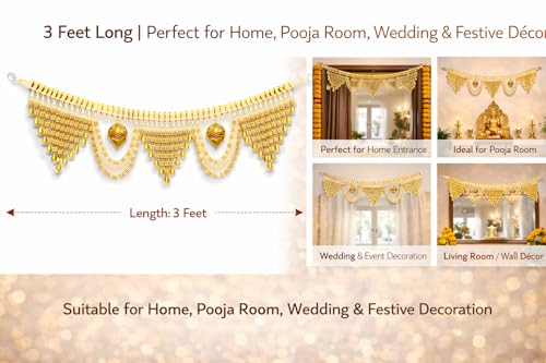 Image of Premium Golden Beads Toran for Door | Designer Bandarwal with Leaf Motifs & Hanging Bells | Traditional Door Decoration for Diwali, Wedding, Griha Pravesh & Pooja