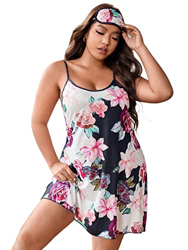 Wdirara Women's Plus Size Satin Nightgown Spaghetti Strap Graphic Cami Chemise Nightdress Floral Pink With Eye Cover 5Xl #TOP4
