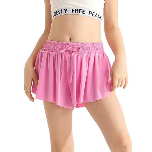 Girls Flowy Athletic Shorts with Pocket Drawstring 2 in 1 Quick Dry Butterfly Skirts for Running, Tennis, Dance 10-11 Years Pink