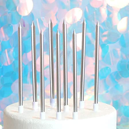 Party Port Long Stick Silver Metallic Cake Cupcake Candles (Pack of 6) for Birthday, Wedding Party and Cake Decoration