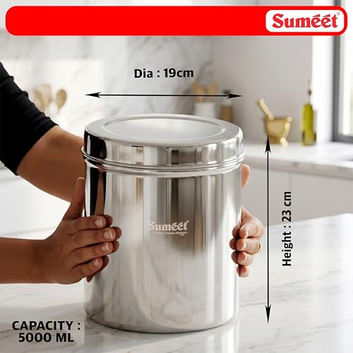 Image of Sumeet Stainless Steel Large Dabba /Canisters /Vertical Storage Container for Kitchen, 19cm Dia - 5000ml - (5Kg to 5.5Kg Approx)