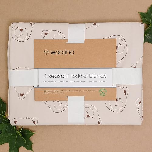Image of Woolino Toddler Blanket - Merino Wool and Organic Cotton Baby Blanket for Girls and Boys - 4 Season - 52.5 inch x 40 inch - Teddy Bear