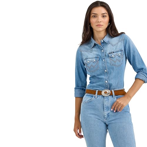 Wrangler Blue Denim Retro Denim Women's Long Sleeve Snap Shirt 1123673134