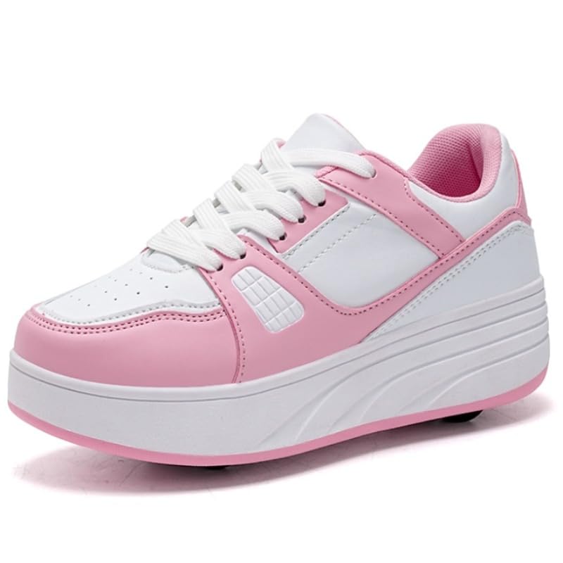 FUHUBB Trendy Adjustable Four-Wheel Roller Skates for Girls - Boy Block Lace Up Outdoor Shoes with Smooth Gliding Wheels (Pink,Big Kid 6)