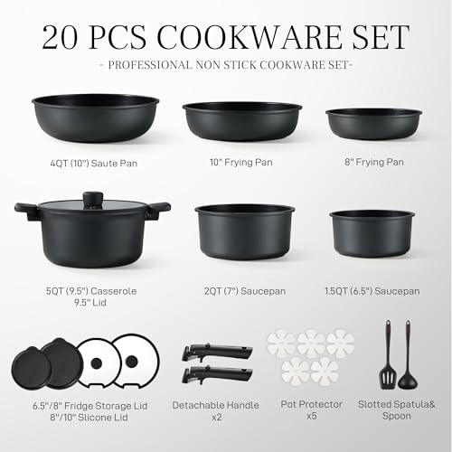 CAROTE 20pcs Non Stick Pots and Pans Set with Temperature Spot, Detachable Handle Nonstick Cookware Set Black, Dishwasher/Oven Safe,RV Camping Cooking Set, Kitchen Pot and Pan Set - Image 3