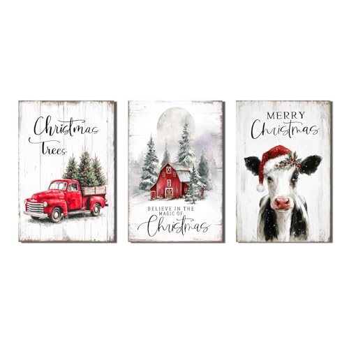Winter Scene Farmhouse Christmas Wall Decorations: Vintage Country Cow Pictures Merry Christmas Canvas Wall Art Paintings Artwork Prints Xmas Holiday Decor Home Hanging Framed Set of 3 Large