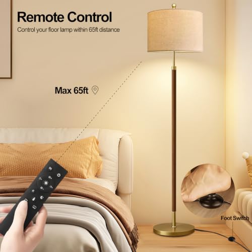 Image of Wood Floor Lamps for Living Room Farmhouse Floor Lamp with Remote Control,Dimmable Vintage Floor Lamp Mid Century Modern Standing Lamp with 3 Color Temperature Tall Floor Lamps For Bedroom Corner