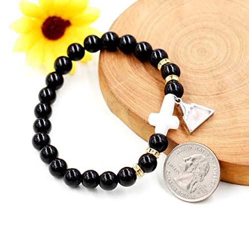 Image of Uloveido Black Agate Side Cross Bracelet Mustard Seed Charms, Personalized Letter A-Z Tiger's Eye Bangle Y944