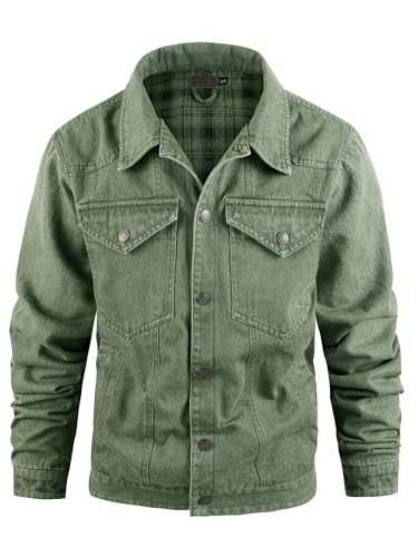 Image of Men's Denim Jacket Lined Flannel Plaid Vintage Cowboy Cut Western Classic Trucker Motorcycle Snap Fall Long Sleeves