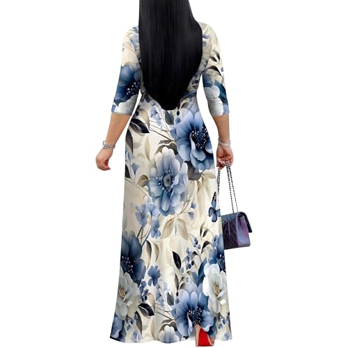 Image of Women Plus Size Long Sleeve V Neck Maxi Dress with Belt | Soft fabric relaxed fit three quarter sleeve v neck with pockets for party and daily wear