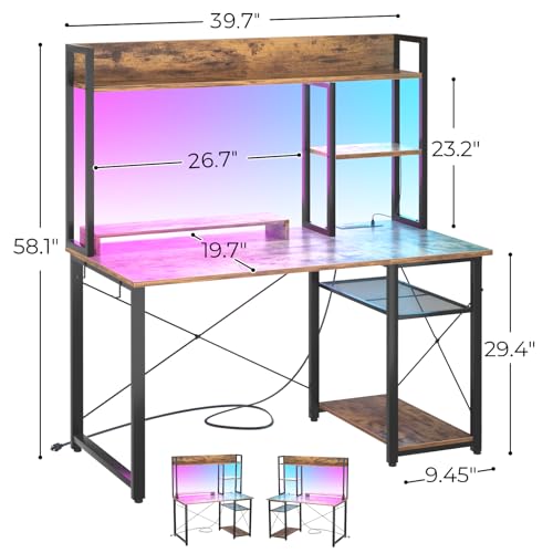 Image of Cyclysio Gaming Desk with Hutch, 39'' Computer Desk with LED Lights & Power Outlets, Home Office Desk with Reversible 5 Tiers Storage Shelves & Monitor Stand, Small Gaming Table for Small Space,Rustic
