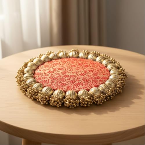 Image of SATYAM KRAFT 3 Pc Handmade Jhumki Platter (6 Inch) with Gota Patti & Golden Moti | Ganpati & Janmashtami Decoration, Festive Home Decor, Pooja Setup, Table Centerpiece & Gifting Item