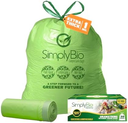 Simply Bio 13 Gallon Compostable Trash Bags Liners Drawstring, Heavy Duty Extra Thick 1 Mil, 49.21 Liter, 30 Bags, Tall Kitchen Food Scrap Waste Bag, ASTM D6400, US BPI and OK Compost Home Certified
