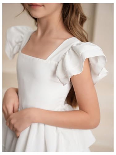 Girl's Square Neck Tiered Layer A Line Dress Cap Sleeve Ruffle Hem Smocked Party Dresses2