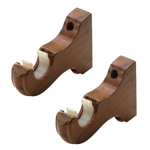 FarBoat 2pcs Wooden Curtain Rod Bracket Wall-Mounted Classical Drapery Holder Fits Up to 1-1/4 Inch Rod Diameter (Single-Slot Teak-Tinged)