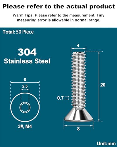 Drenky Socket Screws M4 X 20mm 304 Stainless Steel M4 Bolts Screws Countersunk DIN 7991 / ISO 10642 Machine Screws Flat Head Hex Socket Cap Screws (Pack of 50) - Image 2