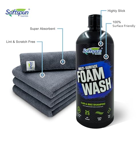Image of SOFTSPUN Essentials 1 ltr Car shampoo combo 40x40cm 340gsm 4pcs Grey! Car & Bike Premium Liquid Shampoo Combo | Extra Suds, Removes Tough Dirt & Grime | pH Neutral | Works with Bucket &Foam Cannon.