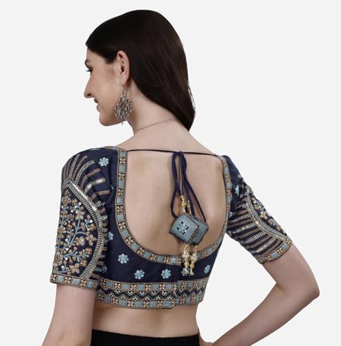 Image of Pujia Mills Mills Women's Fancy Readymade Heavy Coding Embroidary Worked Half Sleeve Multicolor Saree Blouse(Mushroom)