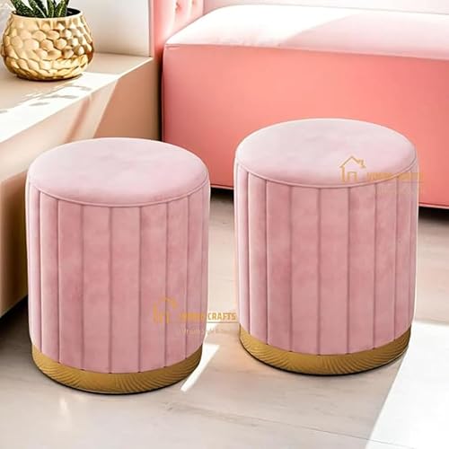 Image of Mudda Pouf Round Sitting Foot Stool for Office Room Decor, Upholstered Pouffe Puffy for Foot Rest, Ottoman Stool for Living Room Sitting Pouffes - (Pink Set of 2)