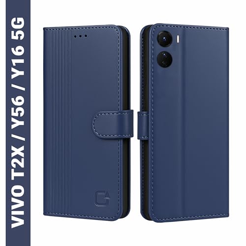 Image of AIBEX Shock Proof Flip Compatible for Vivo Y56 5G / Vivo T2x 5G / Vivo Y16 4G Flip Cover Leather Finish | Inside TPU with Card Pockets | Wallet Stand | Complete Protection Flip Case - Blue