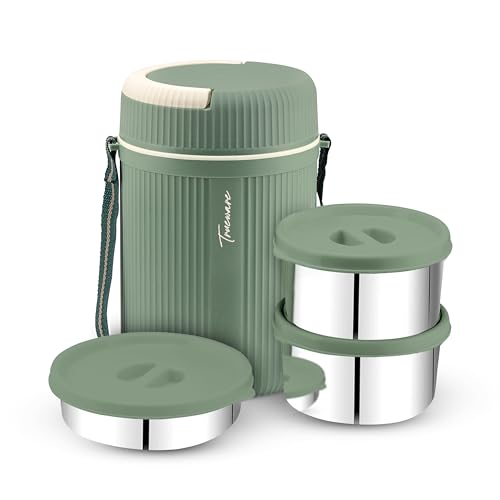 Image of Trueware Plastic Grub 2 Double Wall Insulated Hot Lunch Box with 2 Ss Container 300 Ml Each & 1 Ss Container 200Ml | Bpa Free | Food Grade | Hot and (LBI-GRB-002-Green BAZ)