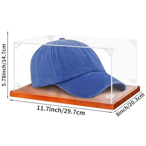 Image of Hooqict Hat Display Case Acrylic Clear Full Size Baseball Hat Case Display Holder Stand with Solid Wood Base UV Protected for Ball Cap Storage Organizer Sports Collections Memorabilia