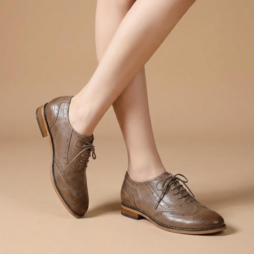 Image of Mona flying Womens Leather Wingtip Oxfords Brogue Shoes Lace-up Flats